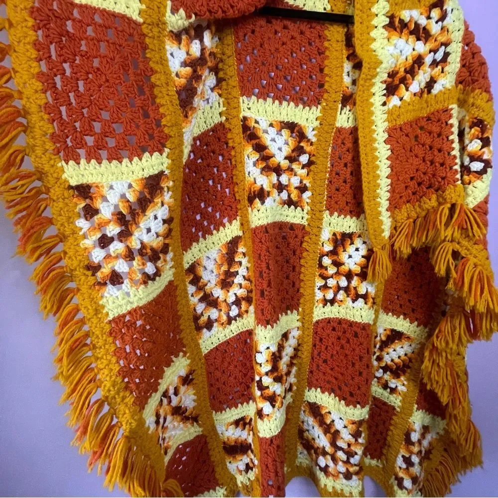Vintage Retro Orange Granny Square Handmade Afghan Crochet Quilt Blanket Throw